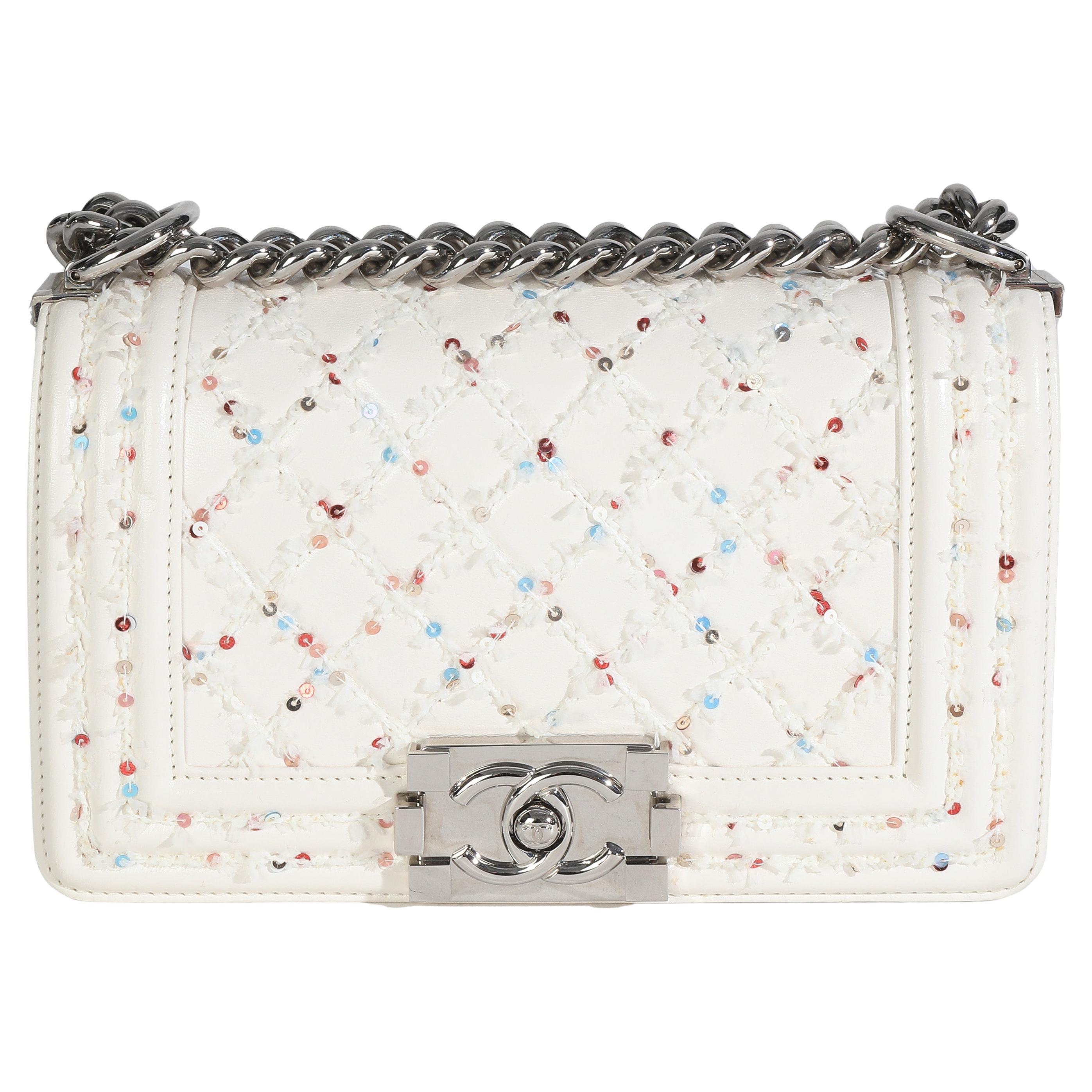 Chanel White Multicolor Lambskin Sequin Embroidered Small Boy Bag en vente