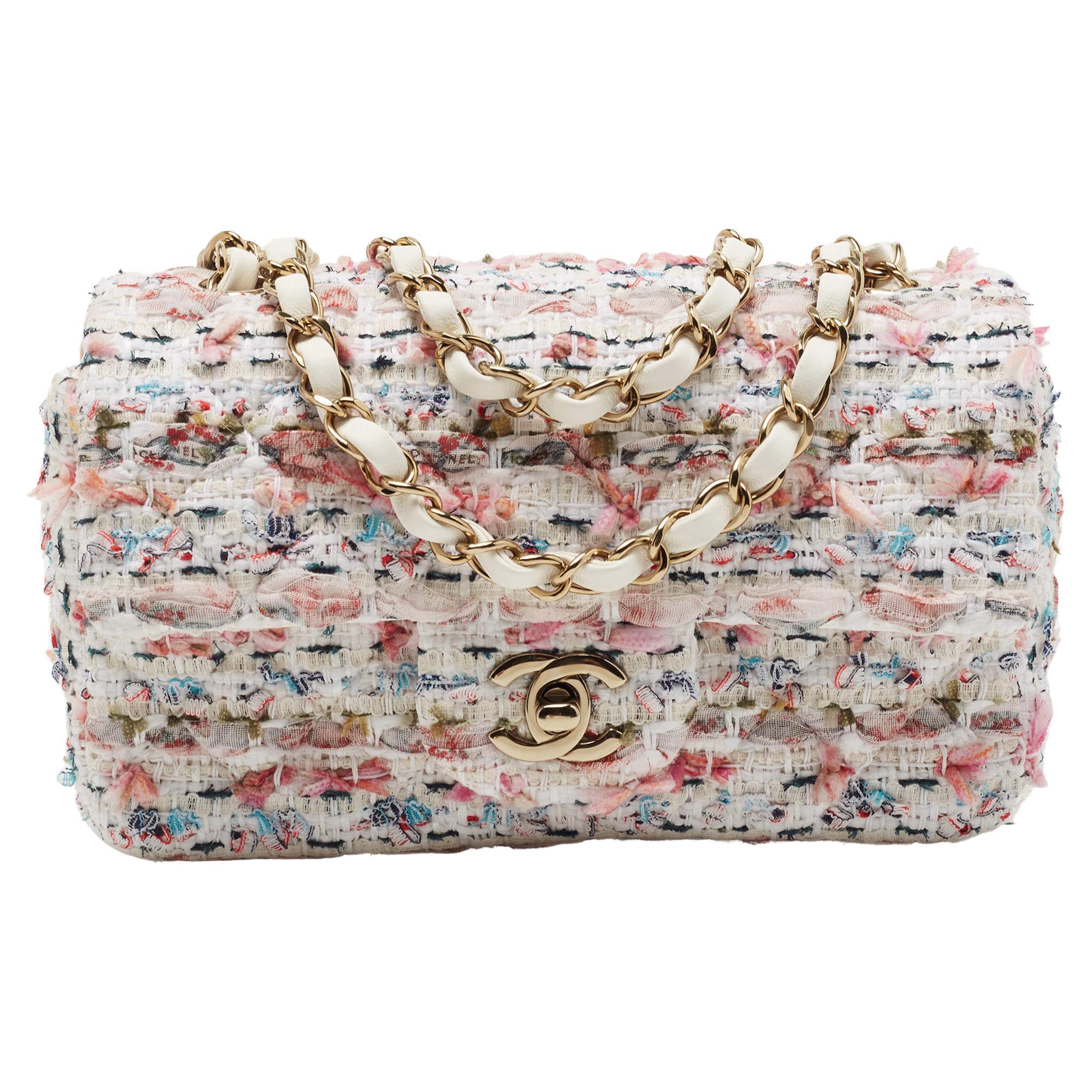 Chanel White/Multiicolor Quilted Tweed New Mini Classic Flap Bag