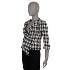 CHANEL white navy beige cotton 07P FRINGED PLAID TWEED Jacket 36 XS