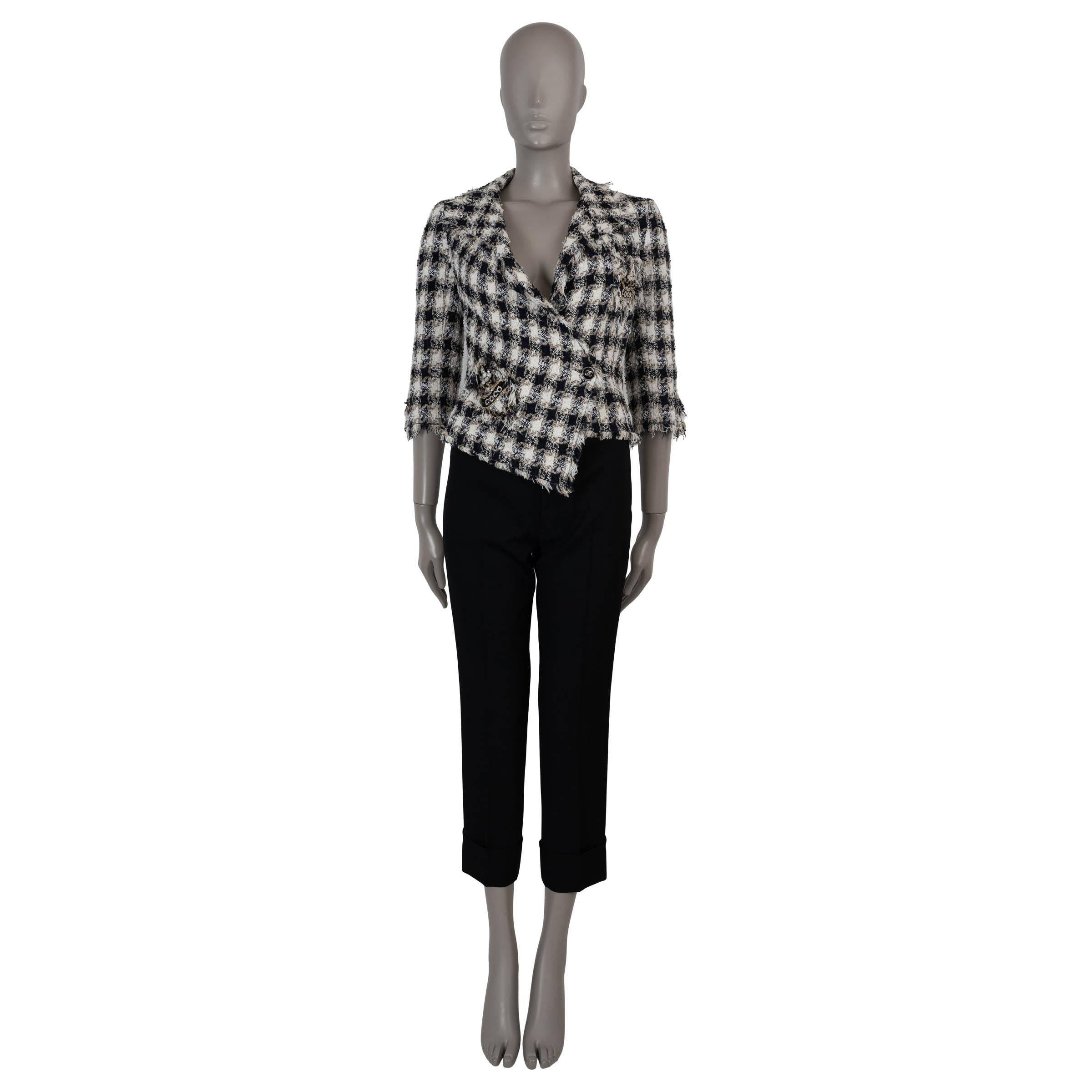 Chanel giacca in cotone 07P FRINGED PLAID TWEED bianco navy beige 36 XS In condizioni discrete in vendita a Zürich, CH