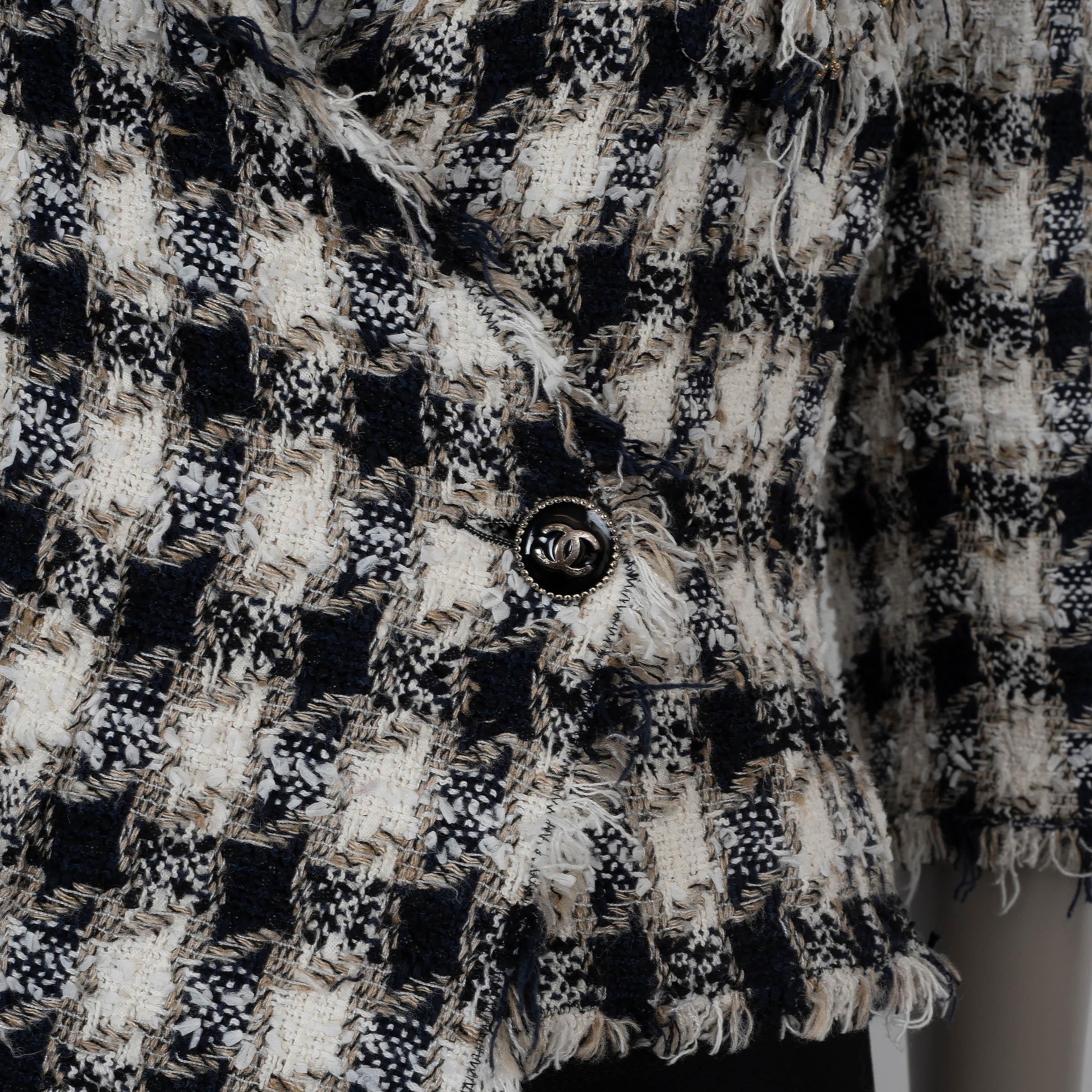 Donna Chanel giacca in cotone 07P FRINGED PLAID TWEED bianco navy beige 36 XS in vendita