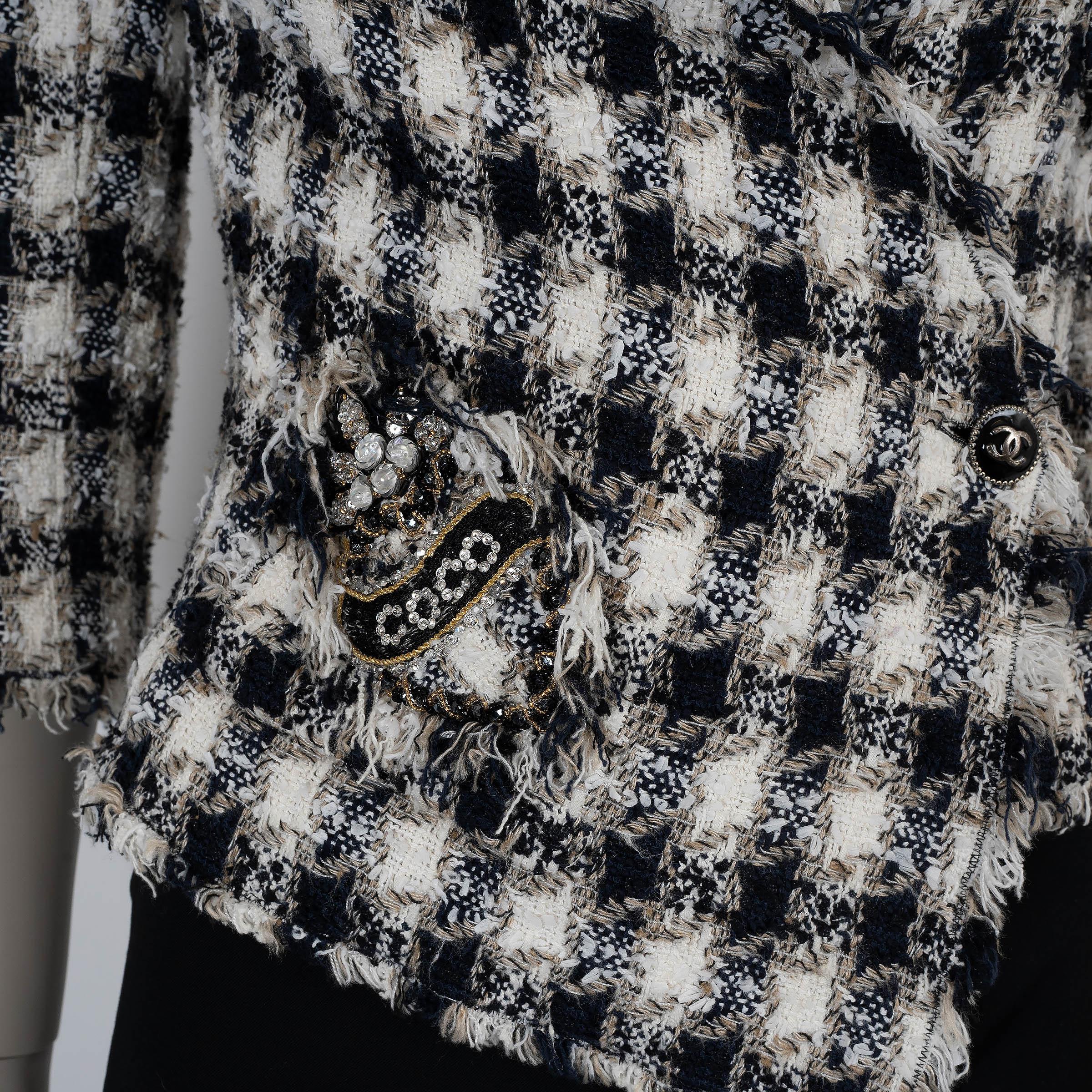 Chanel giacca in cotone 07P FRINGED PLAID TWEED bianco navy beige 36 XS in vendita 1