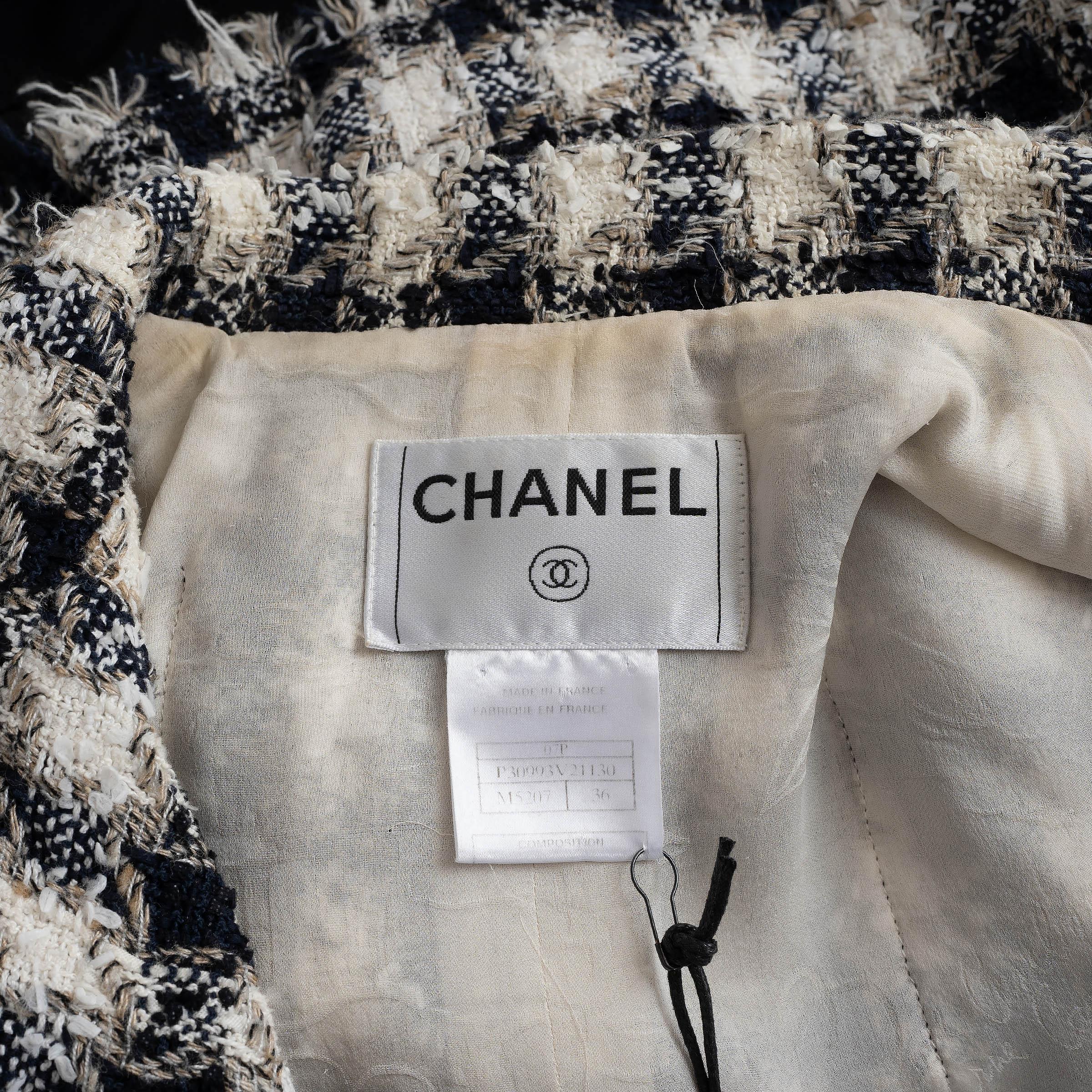 Chanel giacca in cotone 07P FRINGED PLAID TWEED bianco navy beige 36 XS in vendita 2