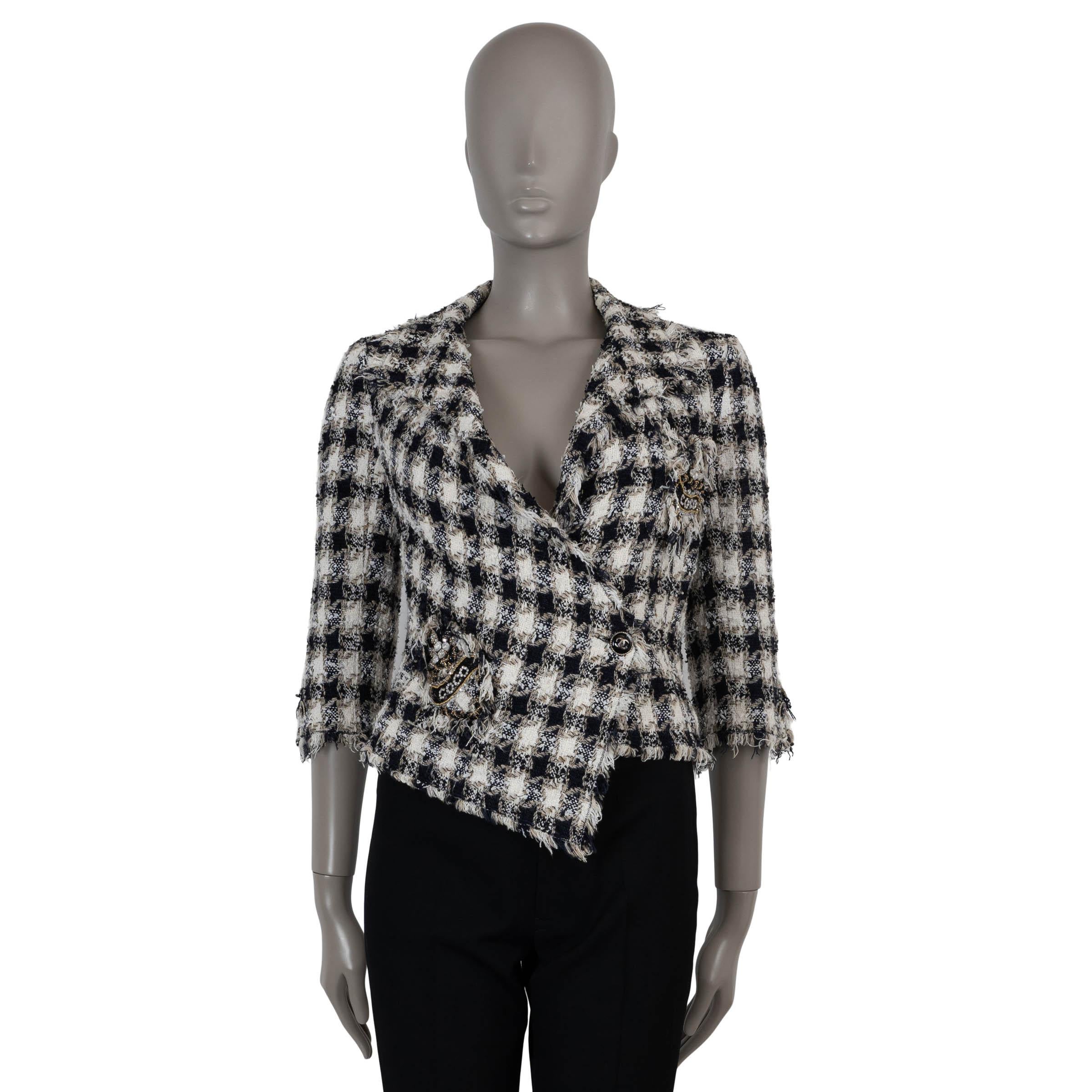 Chanel giacca in cotone 07P FRINGED PLAID TWEED bianco navy beige 36 XS