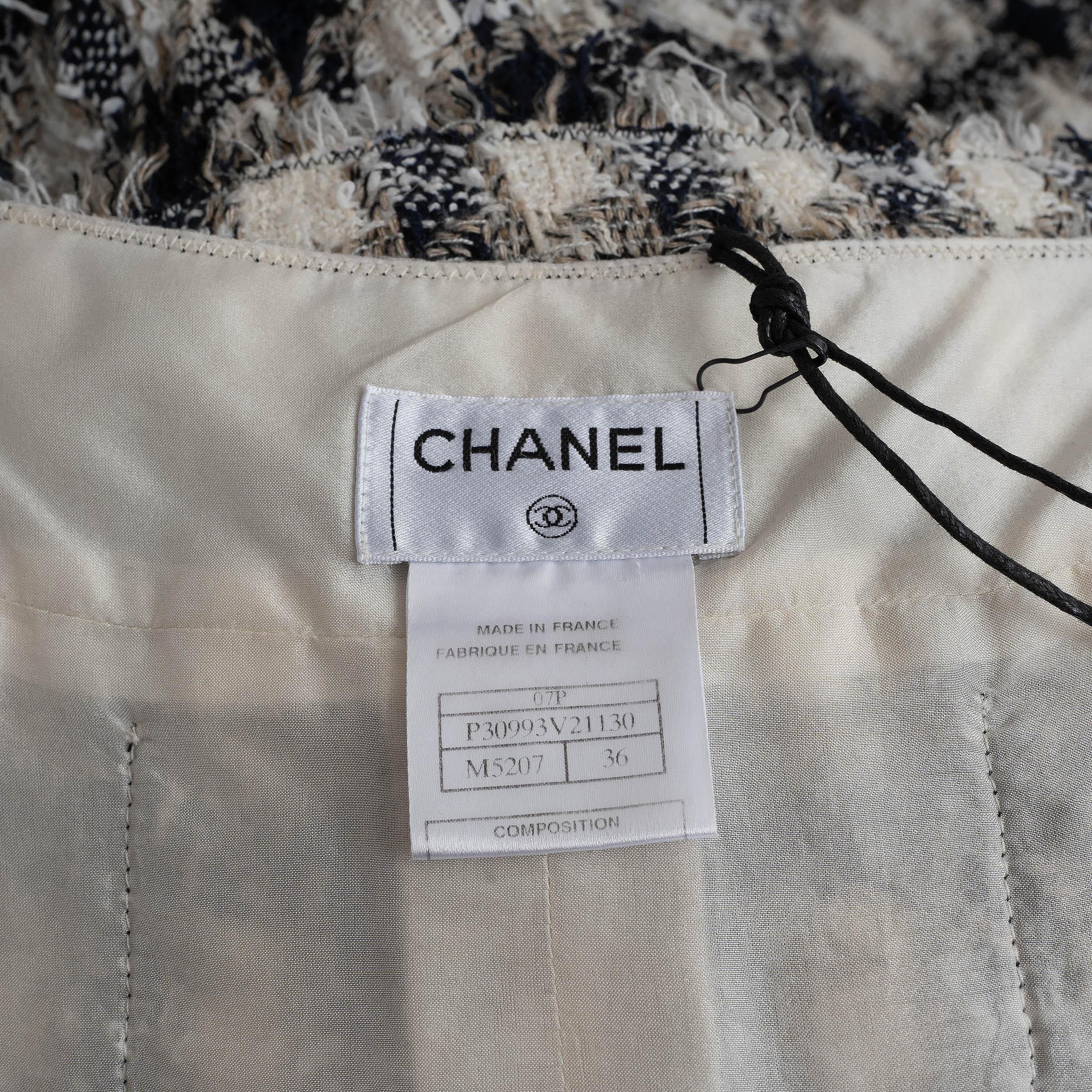 Chanel Gonna MINI in cotone 07P FRINGED PLAID TWEED bianco navy beige 36 XS in vendita 1