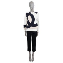 CHANEL white navy beige cotton 2018 18P CC CREWNECK Sweater 36 XS