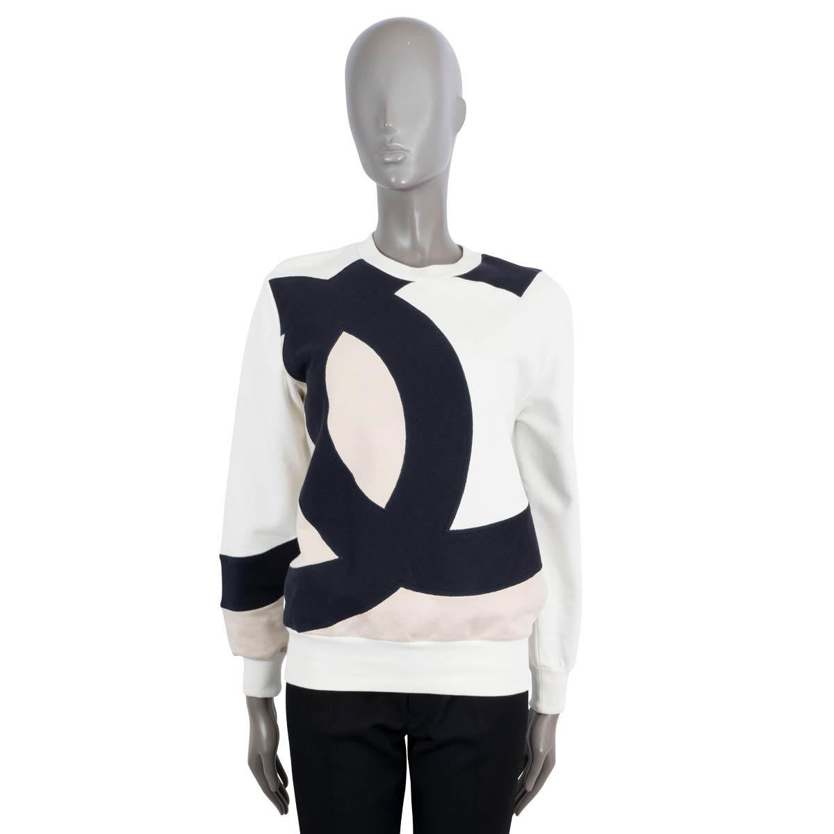 Gray CHANEL white navy beige cotton 2018 18P CC CREWNECK Sweater 36 XS For Sale