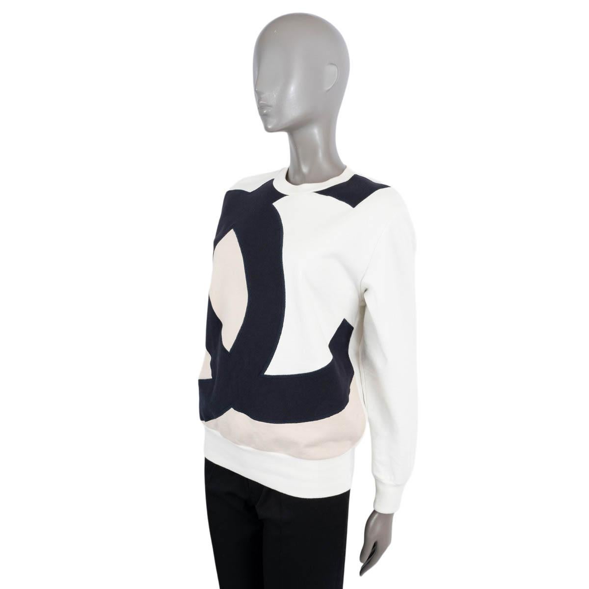 Women's CHANEL white navy beige cotton 2018 18P CC CREWNECK Sweater 36 XS For Sale