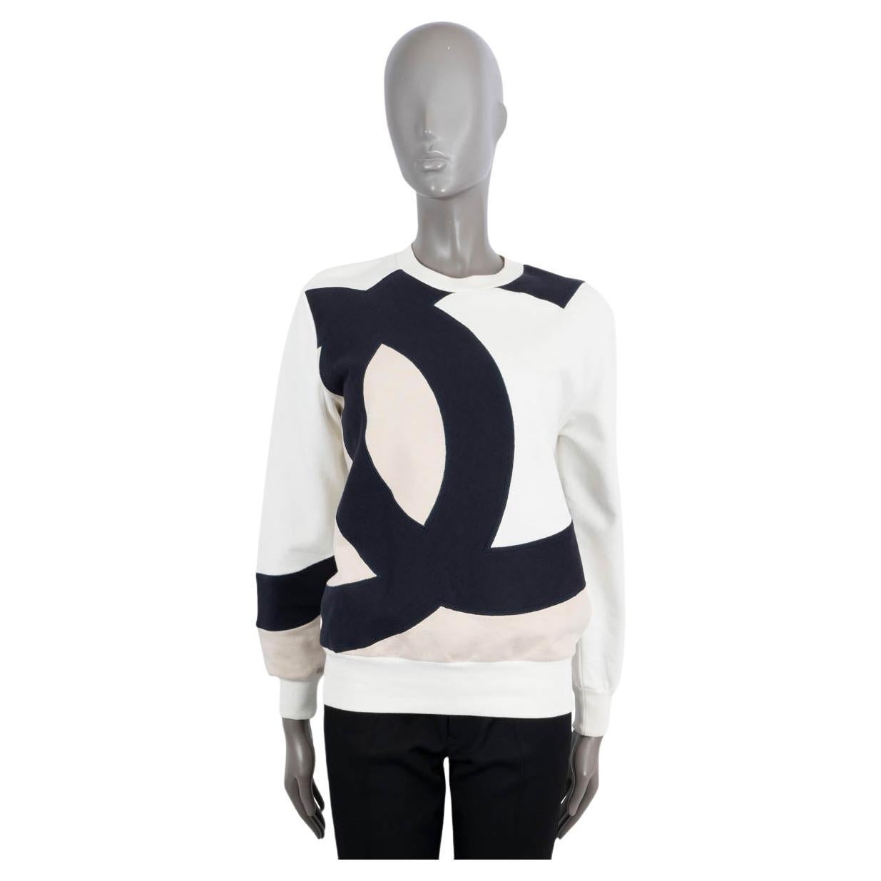 CHANEL white navy beige cotton 2018 18P CC CREWNECK Sweater 36 XS For Sale