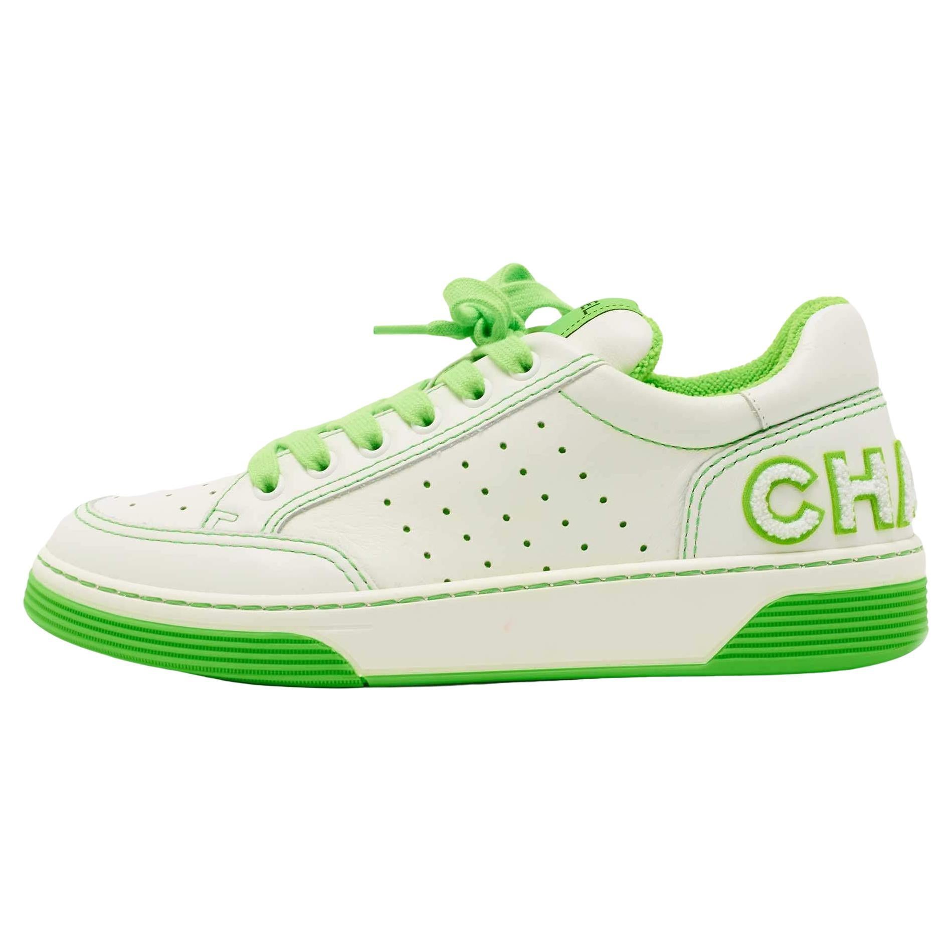 Chanel White/Neon Green Leather 22P Trainer Sneakers Size 38.5