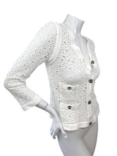 Chanel White Openwork Knit CC Button Cardigan Jacket FR 36