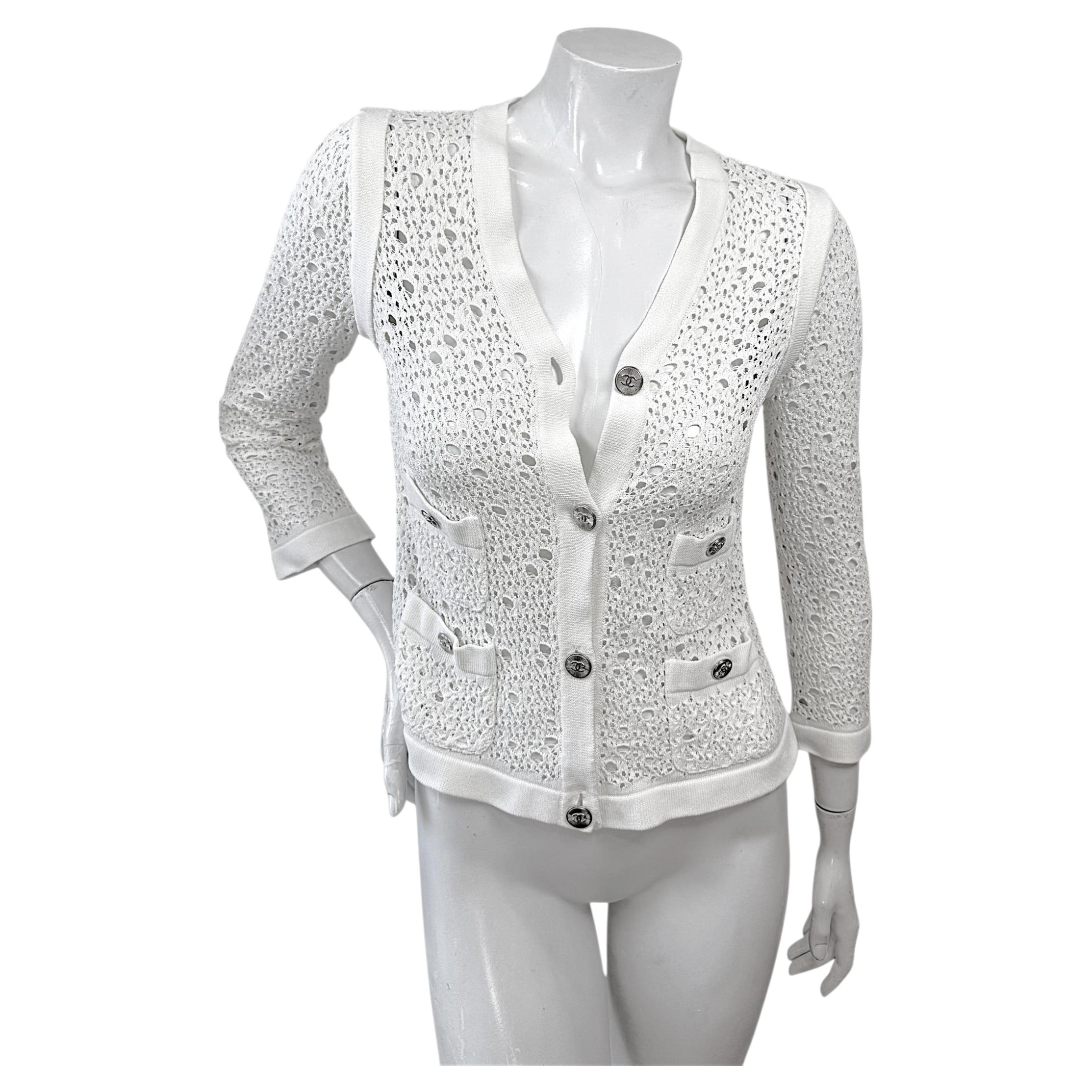 Chanel White Openwork Knit CC Button Cardigan Jacket FR 36