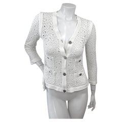 Chanel White Openwork Knit CC Button Cardigan Jacket FR 36