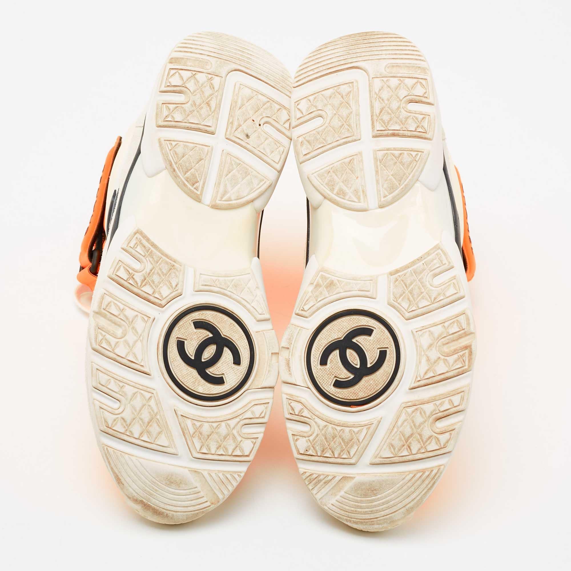 Chanel White/Orange Fabric And Leather CC High Top Sneakers Size 38 1