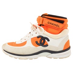 Chanel White/Orange Fabric And Leather CC High Top Sneakers Size 38