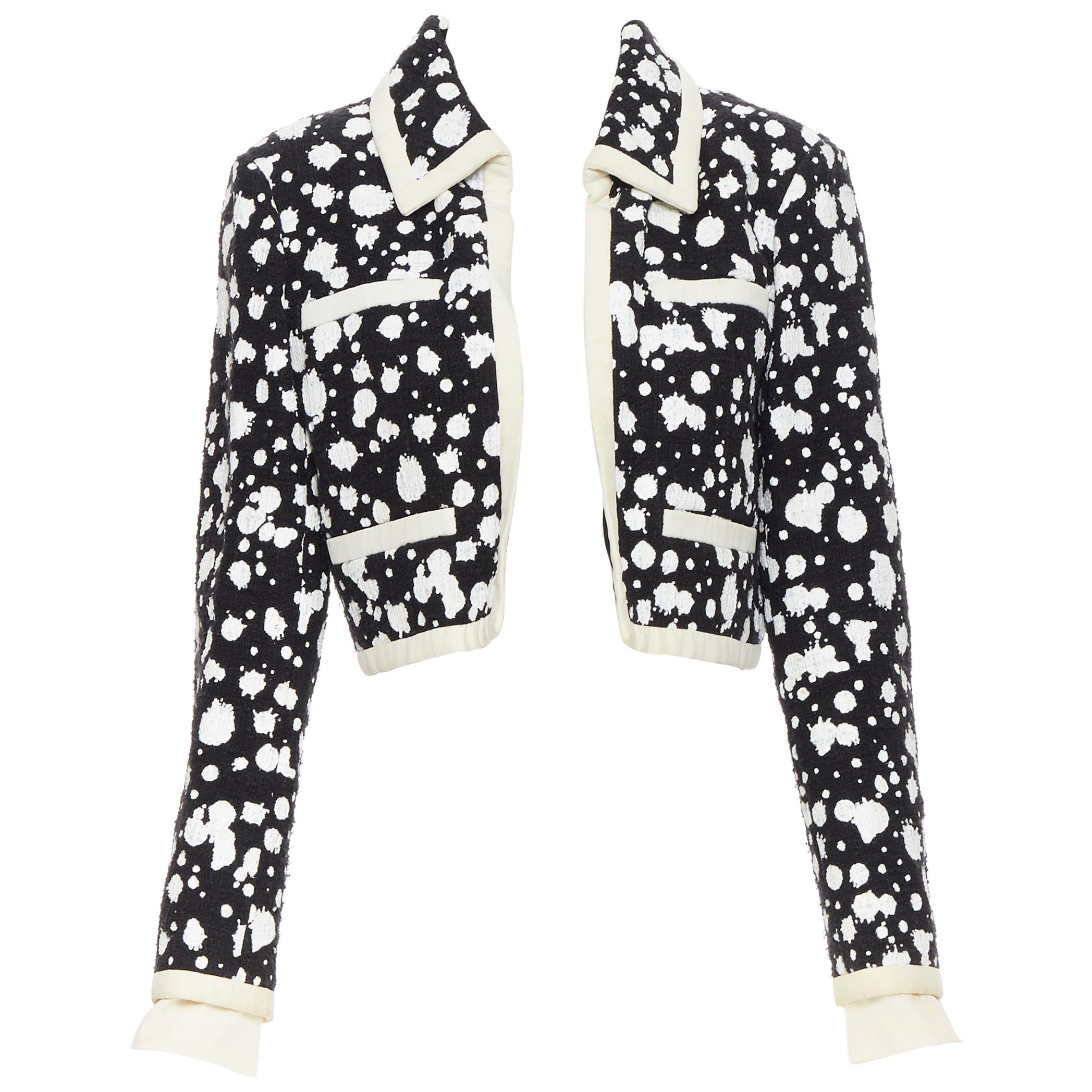 CHANEL white paint splatter black tweed cotton trimmed 4-pocket crop jacket FR40