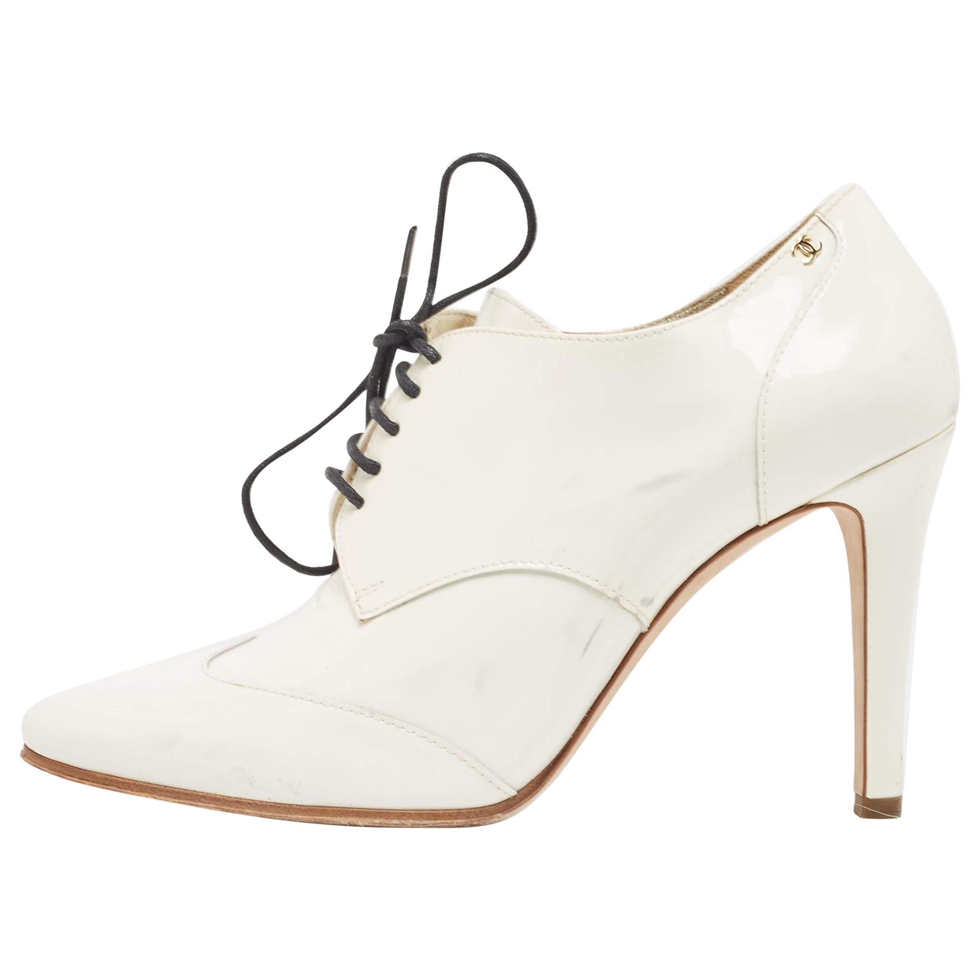 Chanel White Patent CC Lace Booties Size 37.5