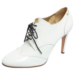 Chanel White Patent Leather CC Lace Up Booties Size 39.5