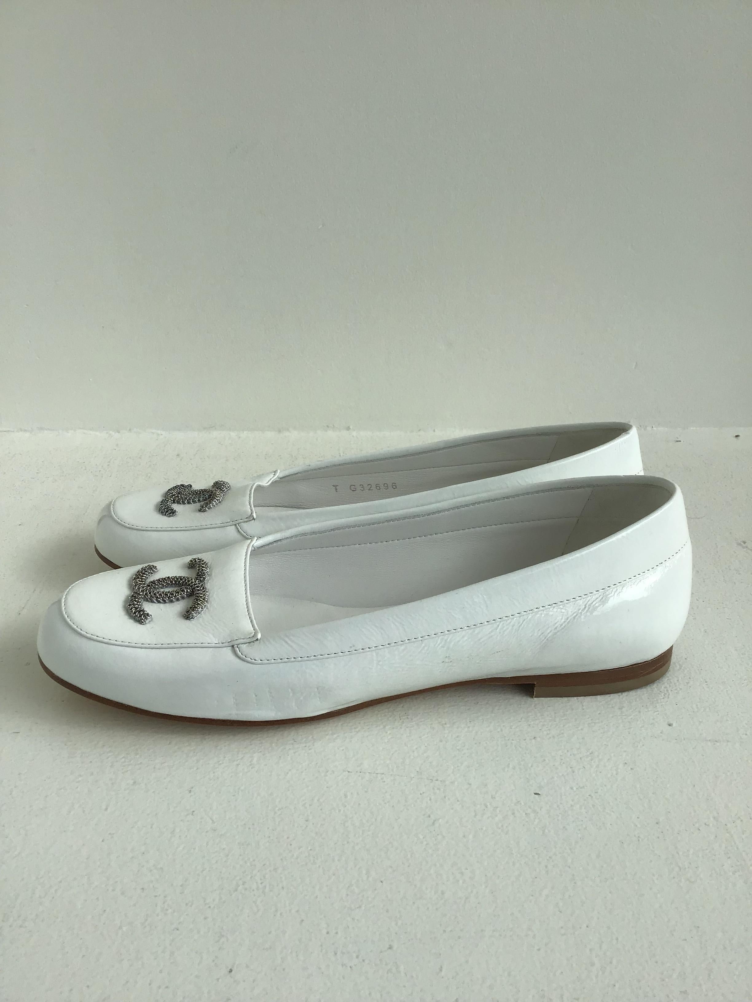 chanel white patent loafers