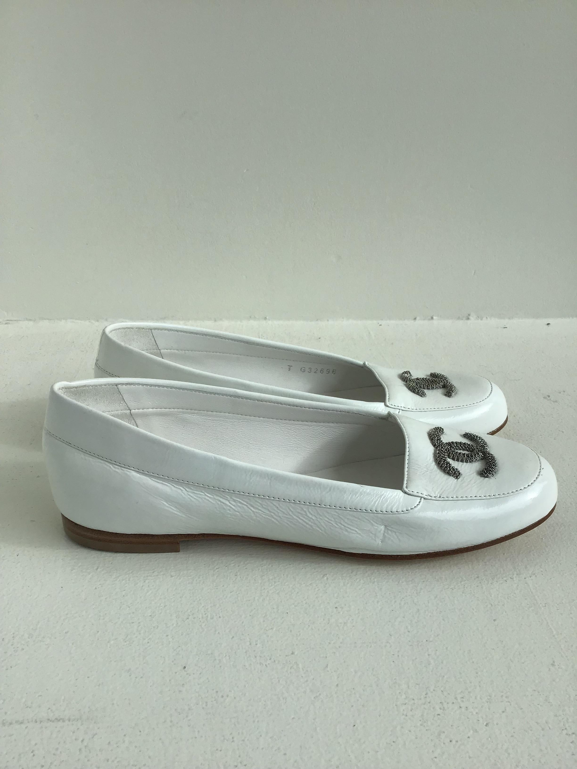 Gray Chanel White Patent Leather Loafers. size 7.5 For Sale