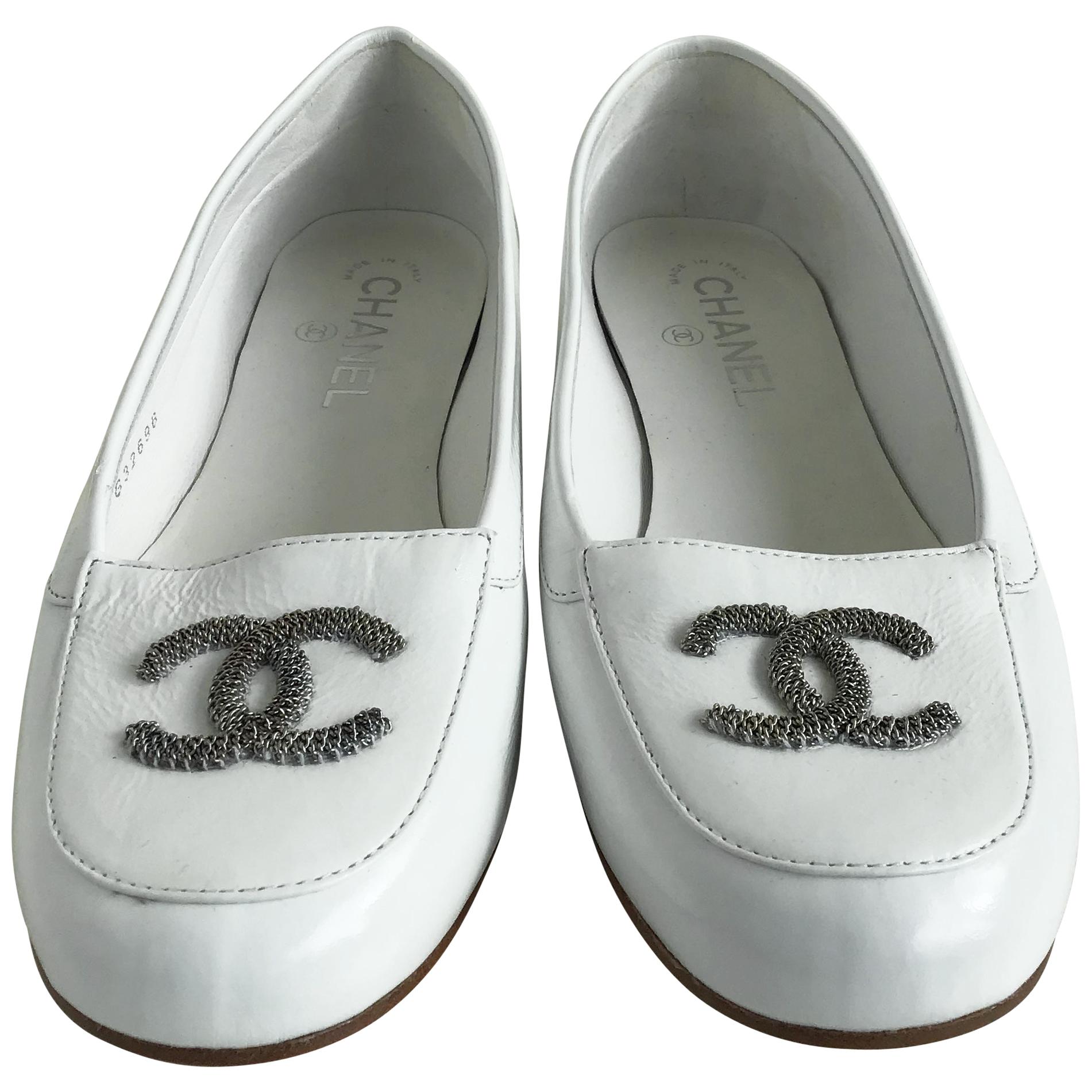 Chanel White Patent Leather Loafers. size 7.5 For Sale