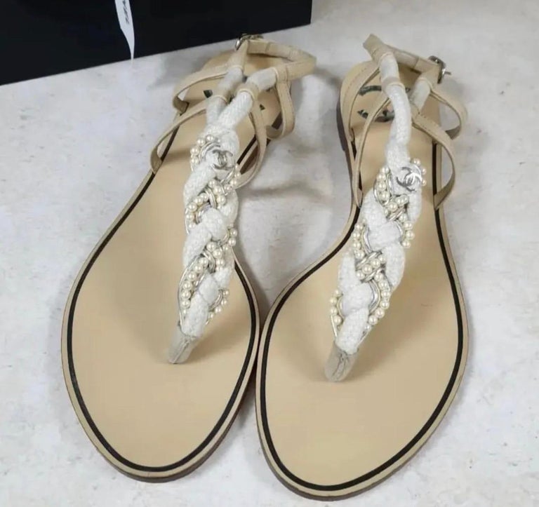Chanel White Pearl Lace Thong Sandal For Sale at 1stDibs