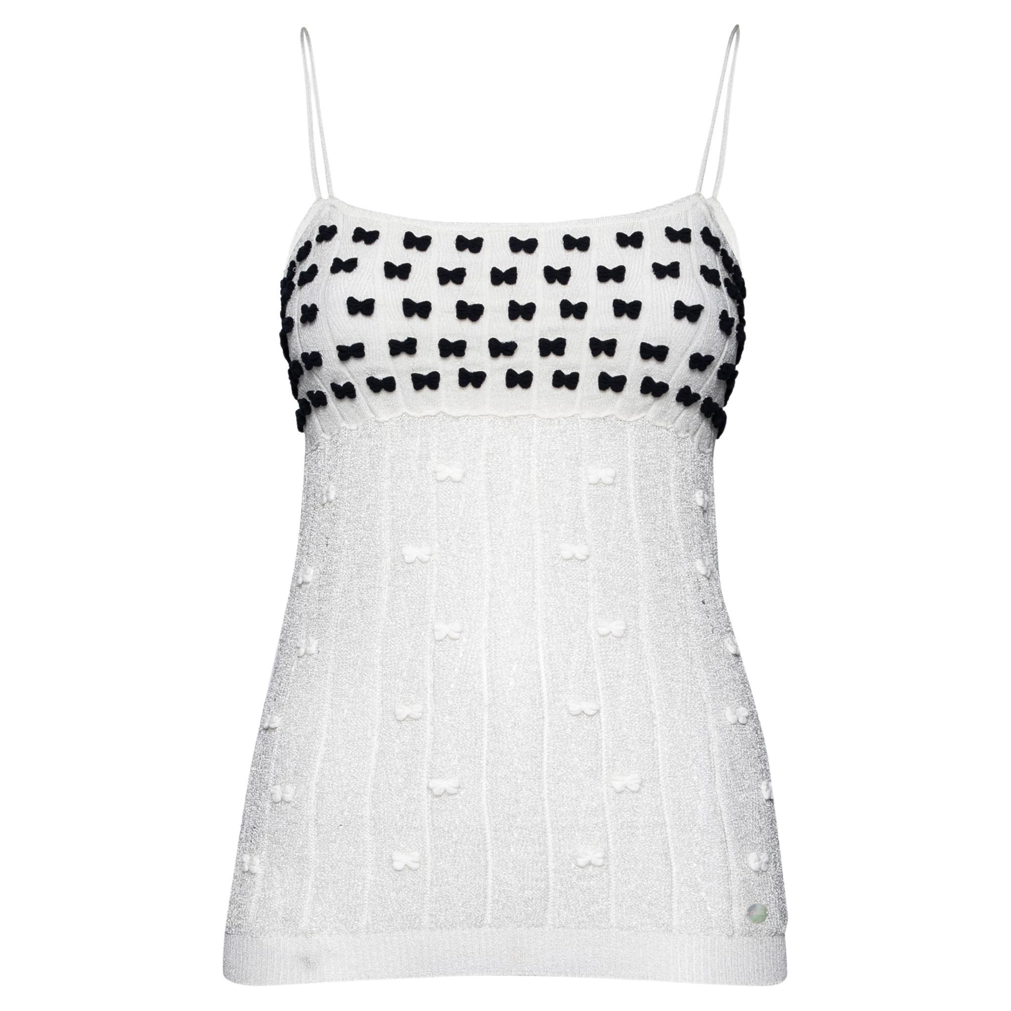 Chanel White Perforated Knit Bow Appliqued Sleeveless Top L