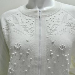Chanel White Perforated Knit Zip Up Sweater