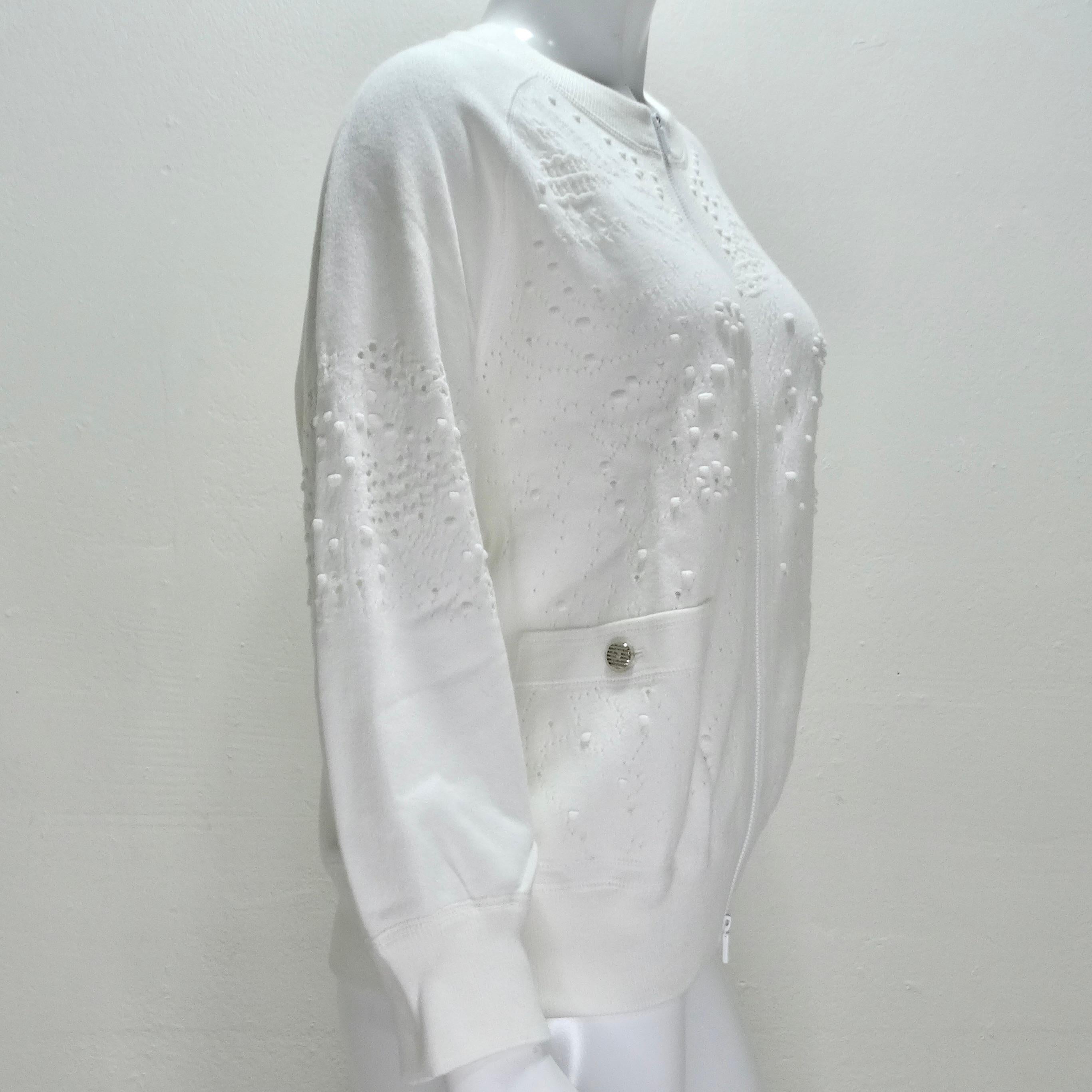Chanel White Perforated Knit Zip Up Sweater For Sale 1