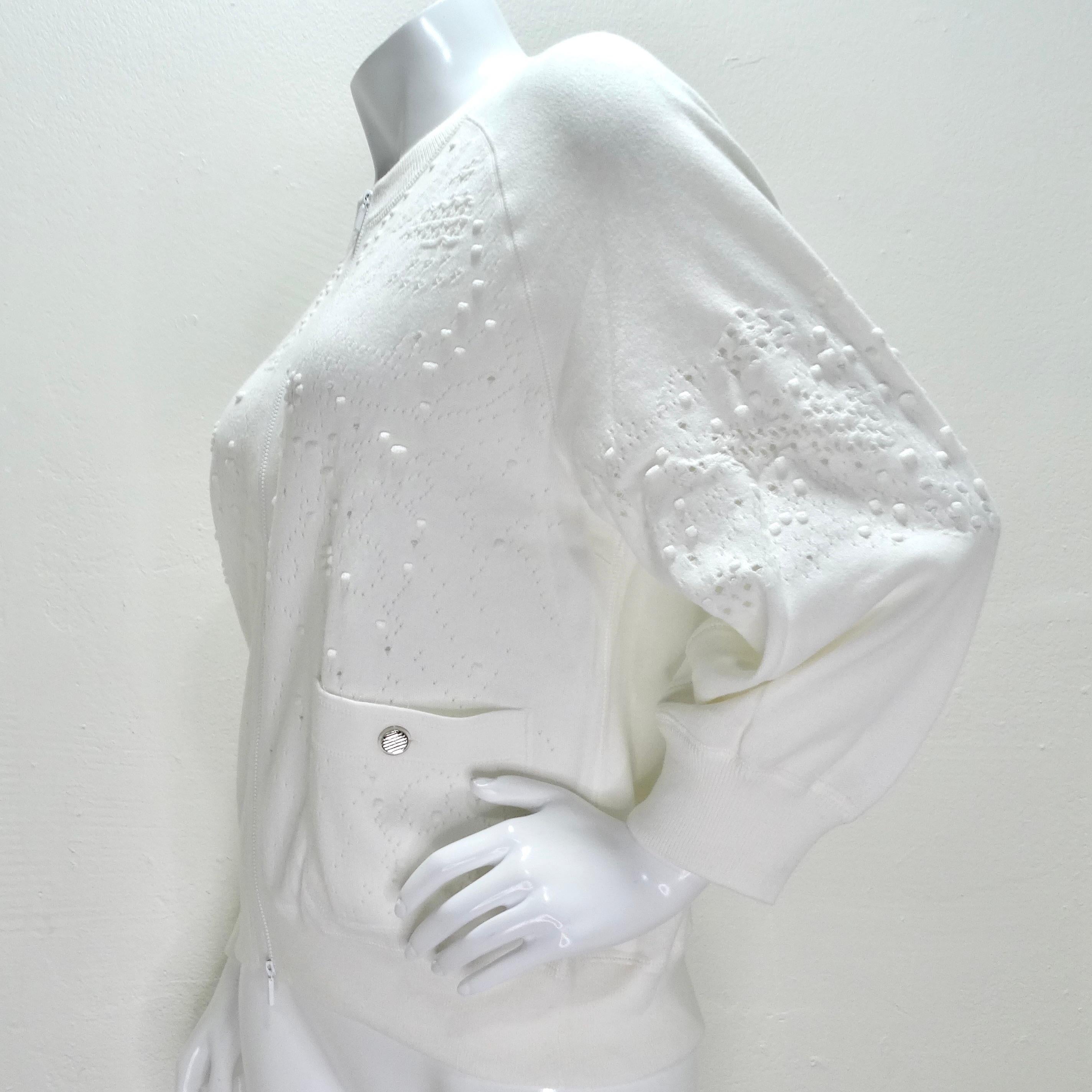 Chanel White Perforated Knit Zip Up Sweater For Sale 3