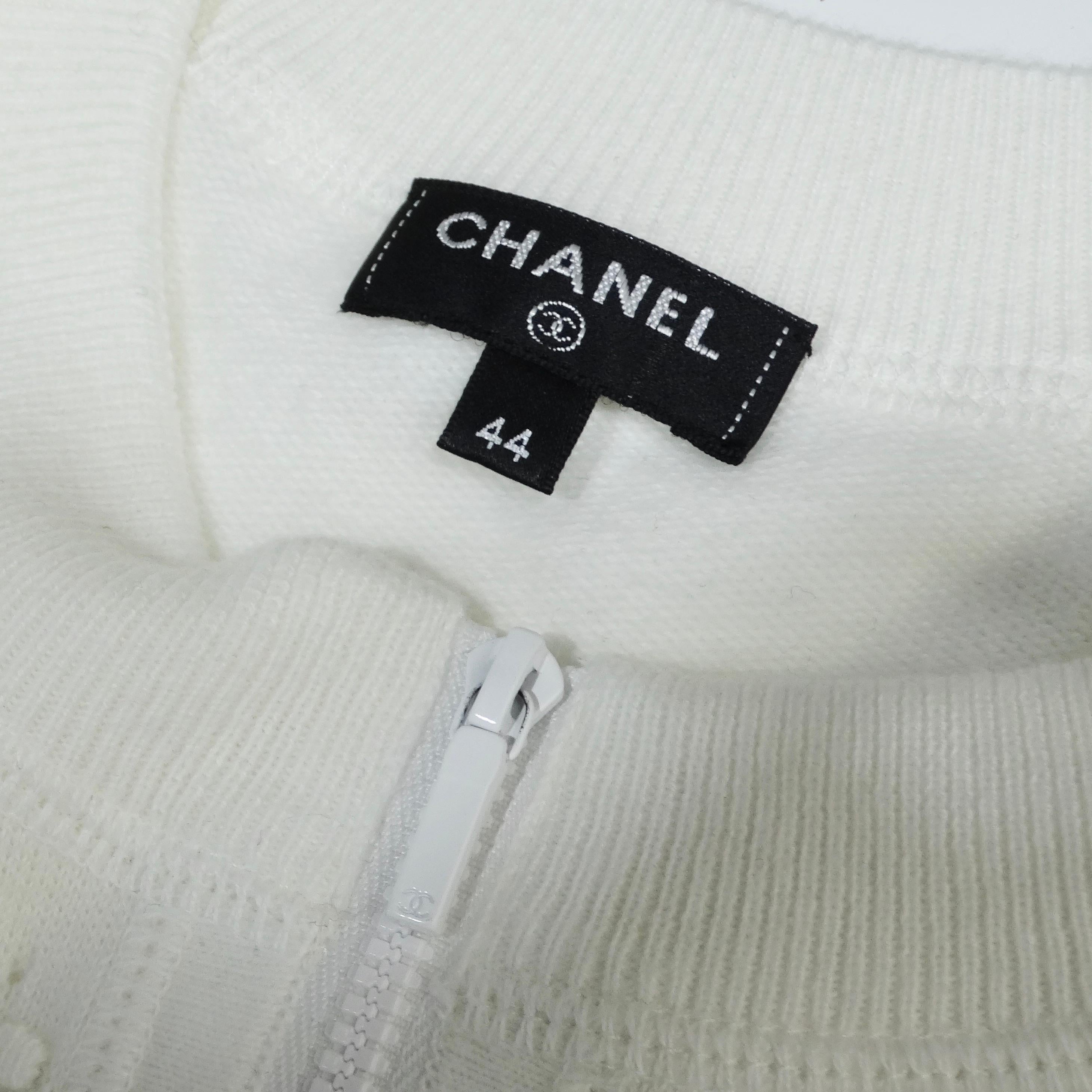 Chanel White Perforated Knit Zip Up Sweater For Sale 4