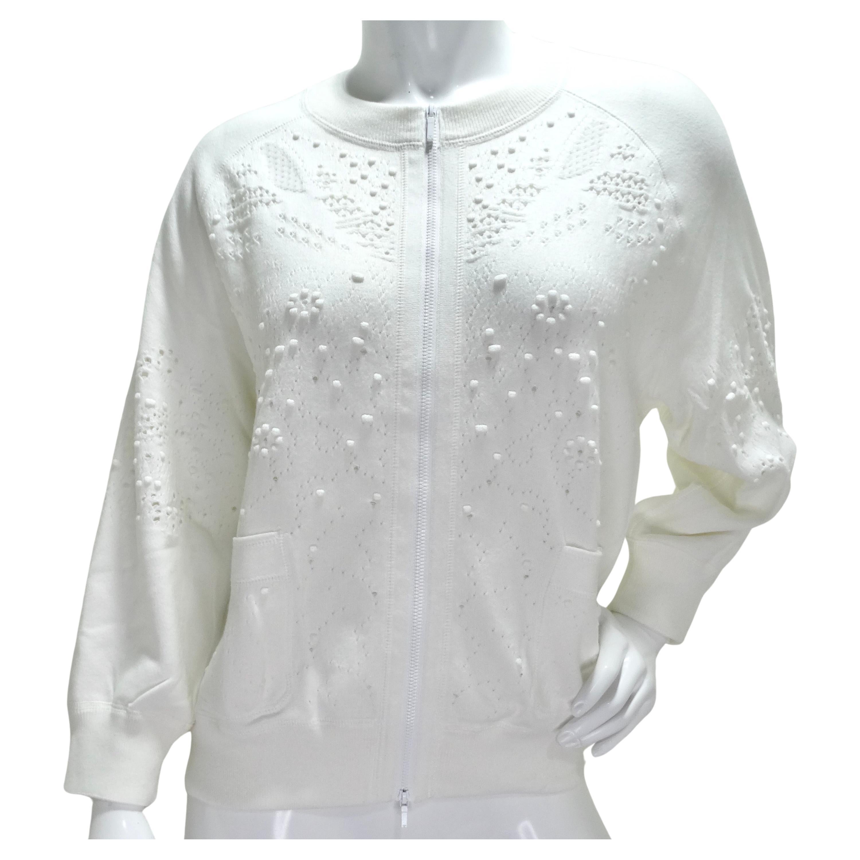 Chanel White Perforated Knit Zip Up Sweater For Sale