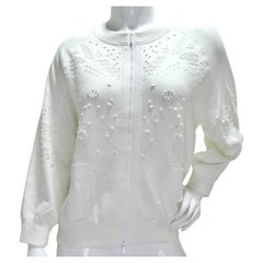 Used Chanel White Perforated Knit Zip Up Sweater