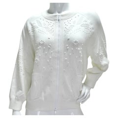 Chanel White Perforated Knit Zip Up Sweater