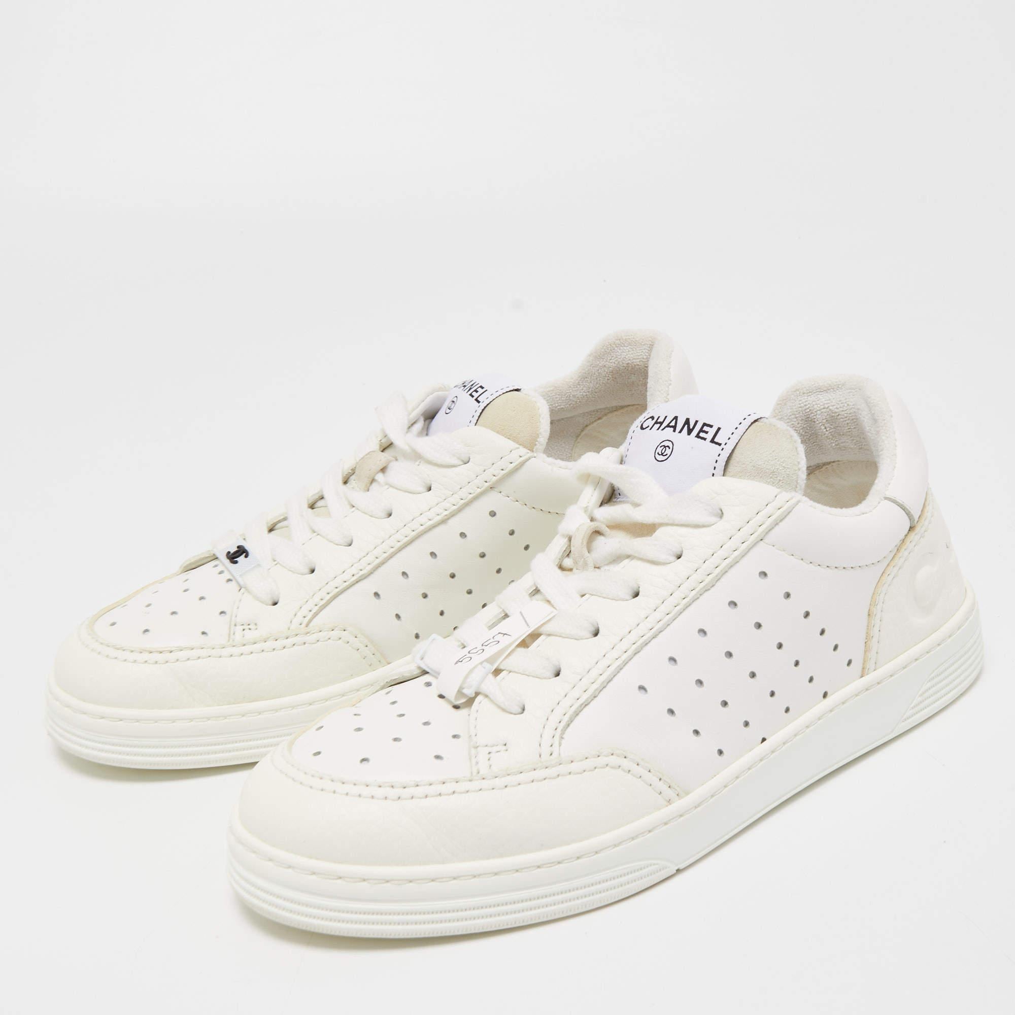 Women's Chanel White Perforated Leather CC Low Top Sneakers Size 37