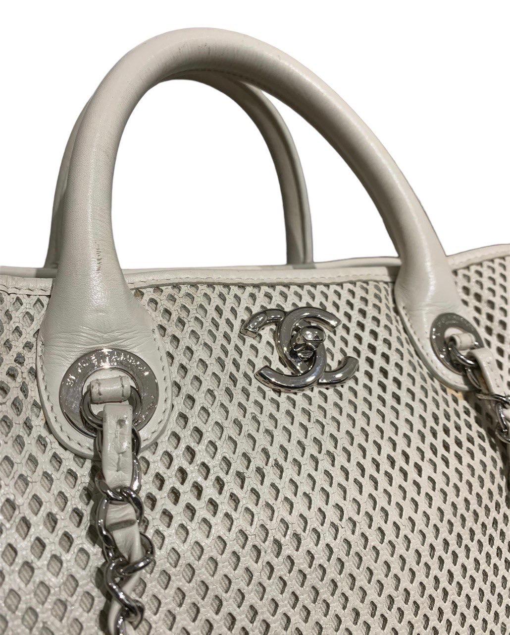 Women's Chanel White Perforated Leather Shopper Deauville Bag