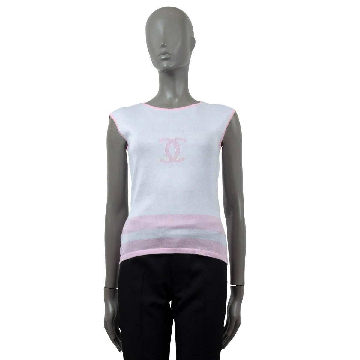 Black CHANEL white & pink cotton 2000 00P STRIPED SLEEVELESS KNIT Shirt 40 M For Sale