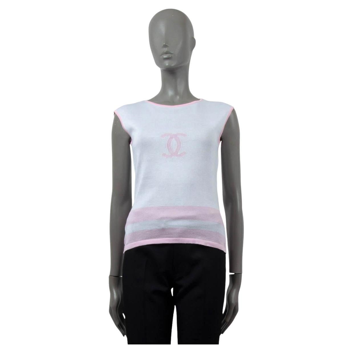 CHANEL white & pink cotton 2000 00P STRIPED SLEEVELESS KNIT Shirt 40 M For Sale