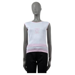 Used CHANEL white & pink cotton 2000 00P STRIPED SLEEVELESS KNIT Shirt 40 M