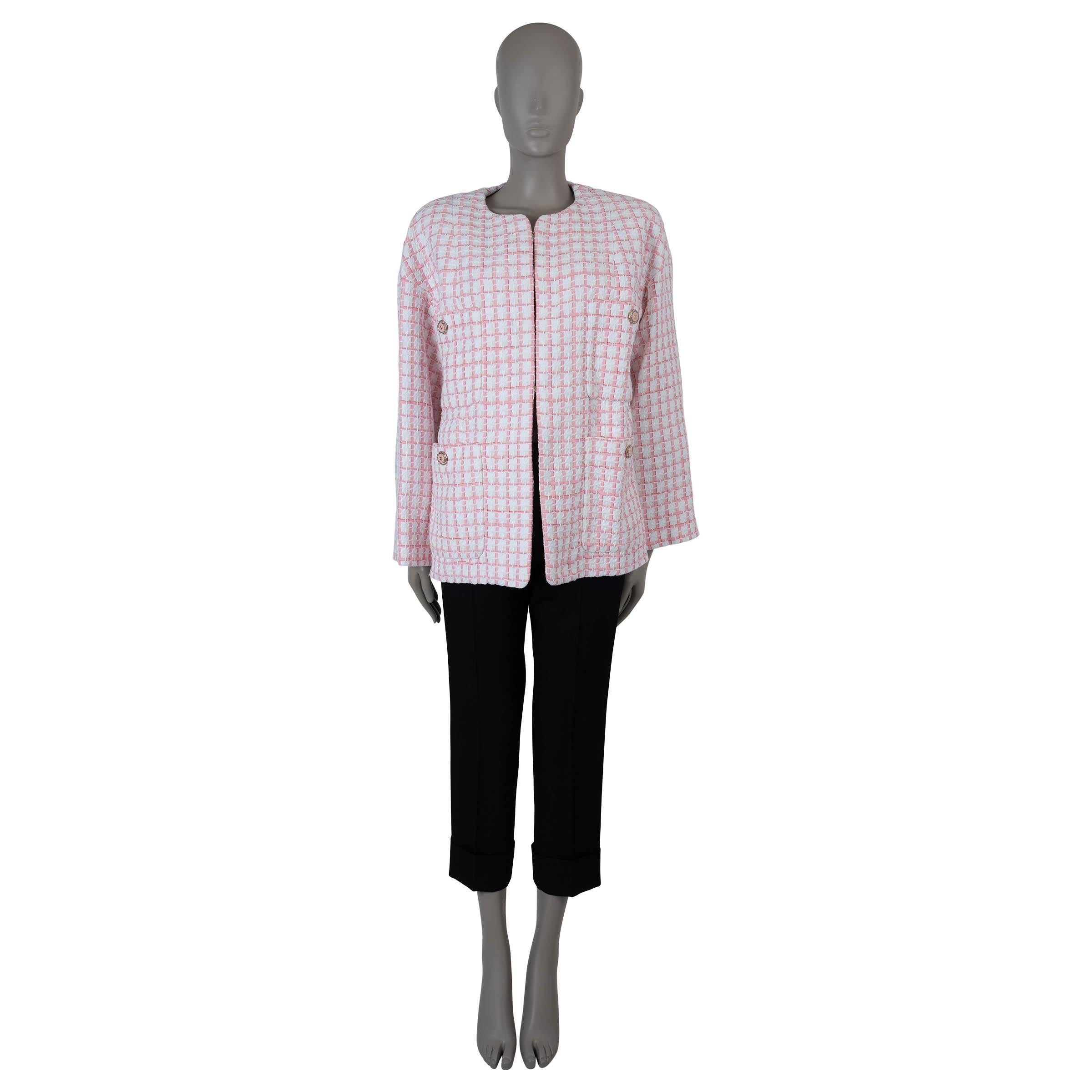 Women's CHANEL white pink cotton 2022 22S FOUR POCKET RIBBON TWEED Jacket 42 L For Sale