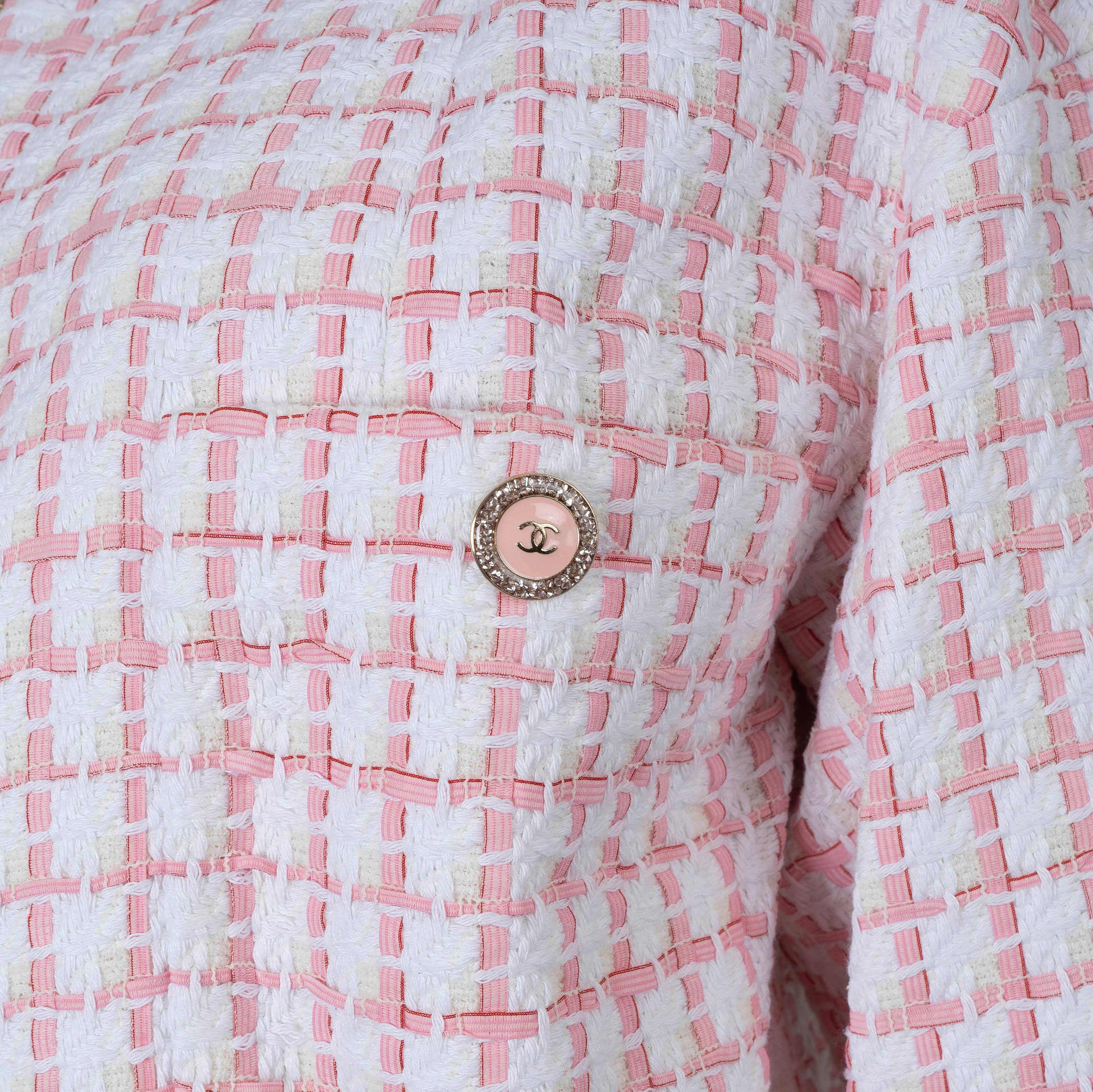 CHANEL white pink cotton 2022 22S FOUR POCKET RIBBON TWEED Jacket 42 L For Sale 1