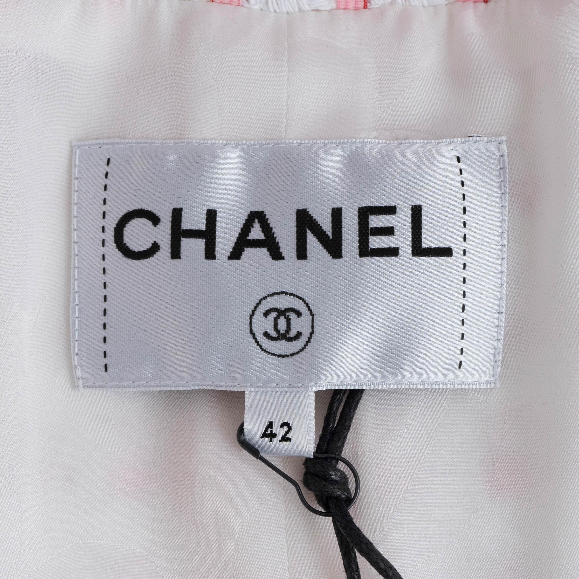 CHANEL white pink cotton 2022 22S FOUR POCKET RIBBON TWEED Jacket 42 L For Sale 2