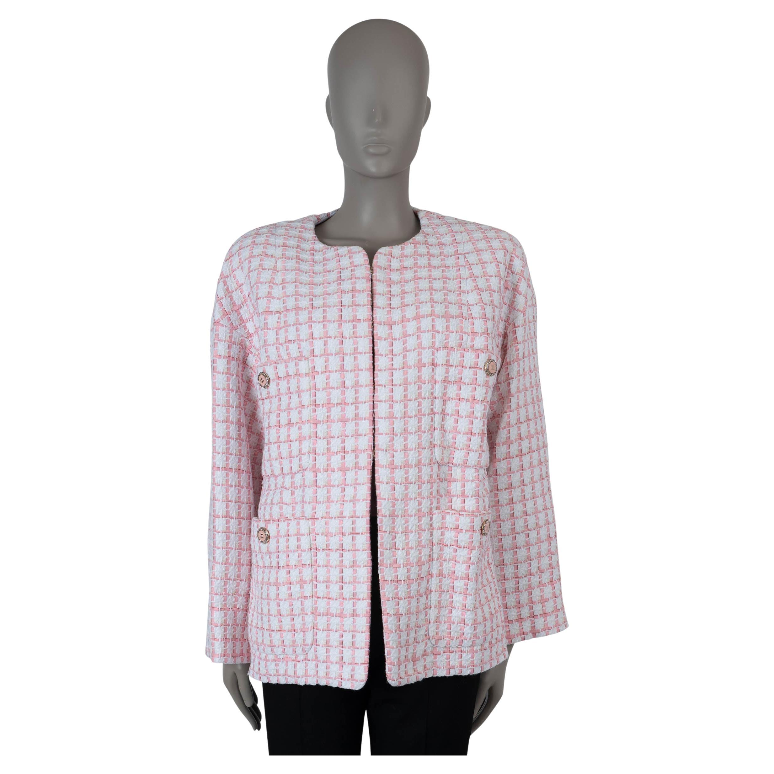 CHANEL white pink cotton 2022 22S FOUR POCKET RIBBON TWEED Jacket 42 L For Sale