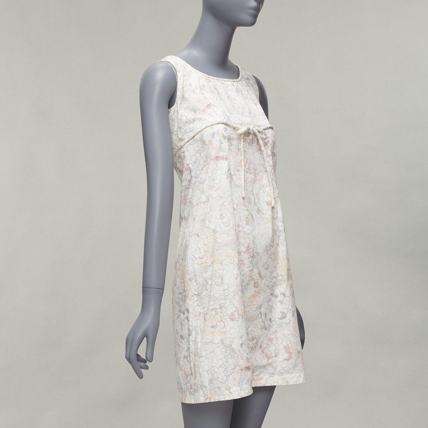 CHANEL white pink floral camellia print front bow tie mod mini dress FR34 XS In Good Condition For Sale In Hong Kong, NT