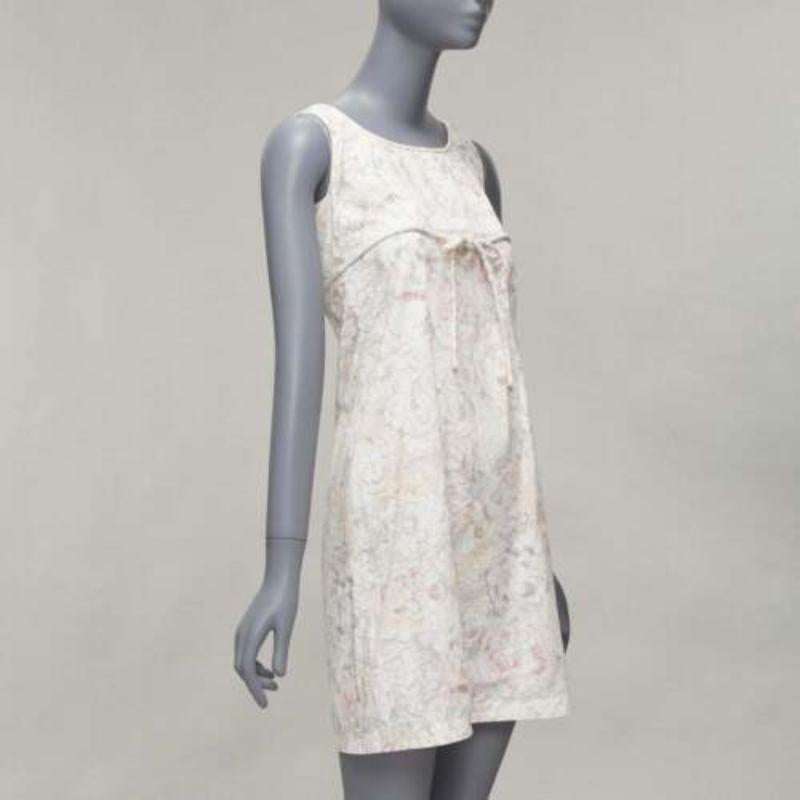 Gray CHANEL white pink floral camellia print front bow tie mod mini dress FR34 XS For Sale