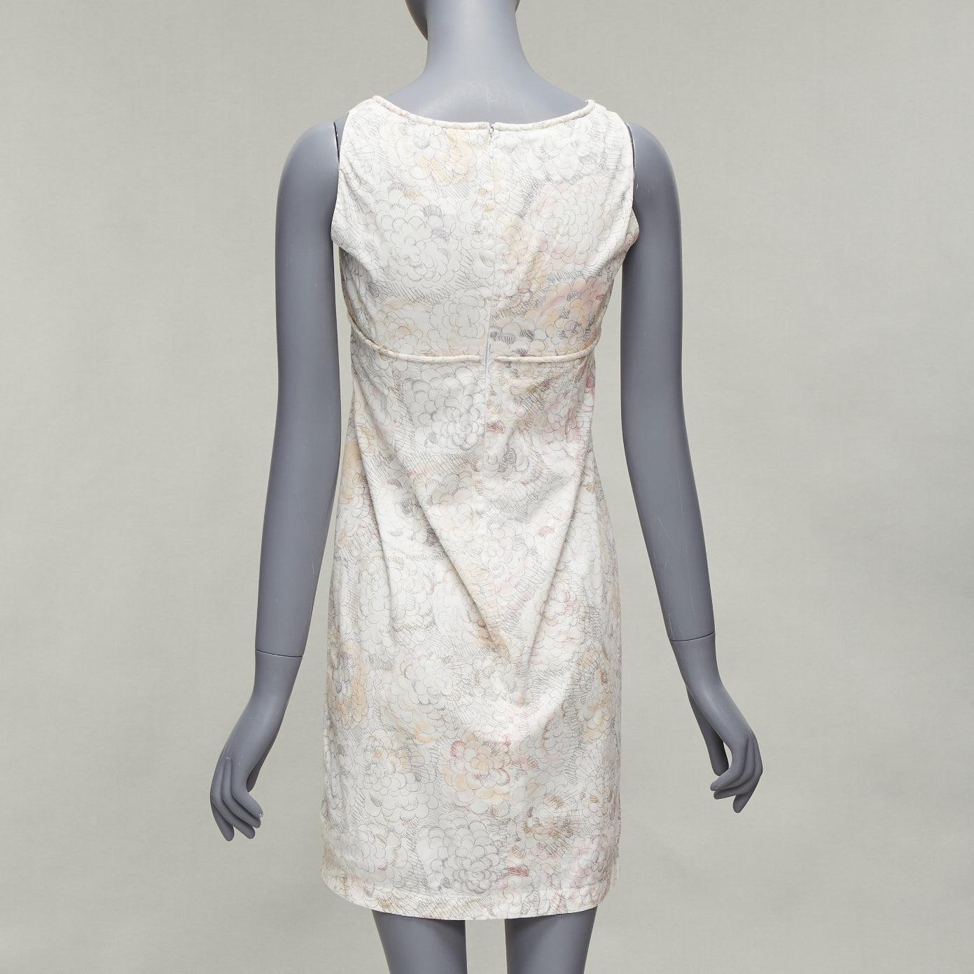 Women's CHANEL white pink floral camellia print front bow tie mod mini dress FR34 XS