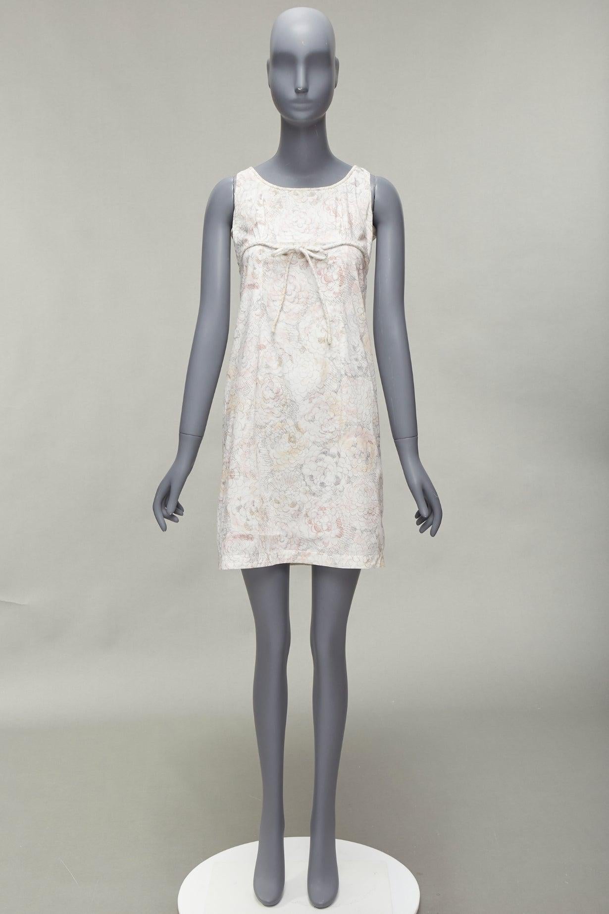 CHANEL white pink floral camellia print front bow tie mod mini dress FR34 XS For Sale 5