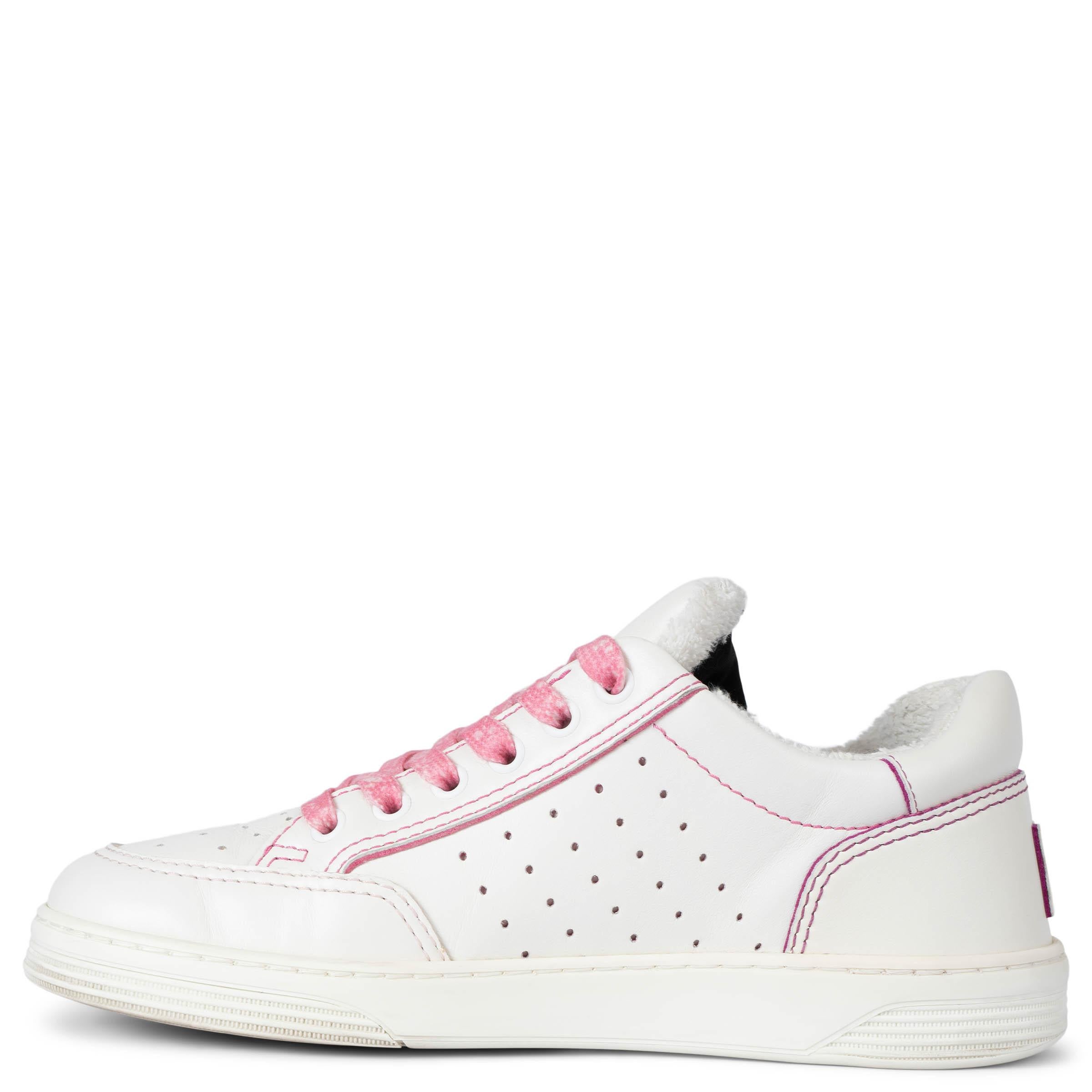 Gray CHANEL white & pink leather 2021 21P LOW-TOP Sneakers Shoes 38.5 fit 37.5