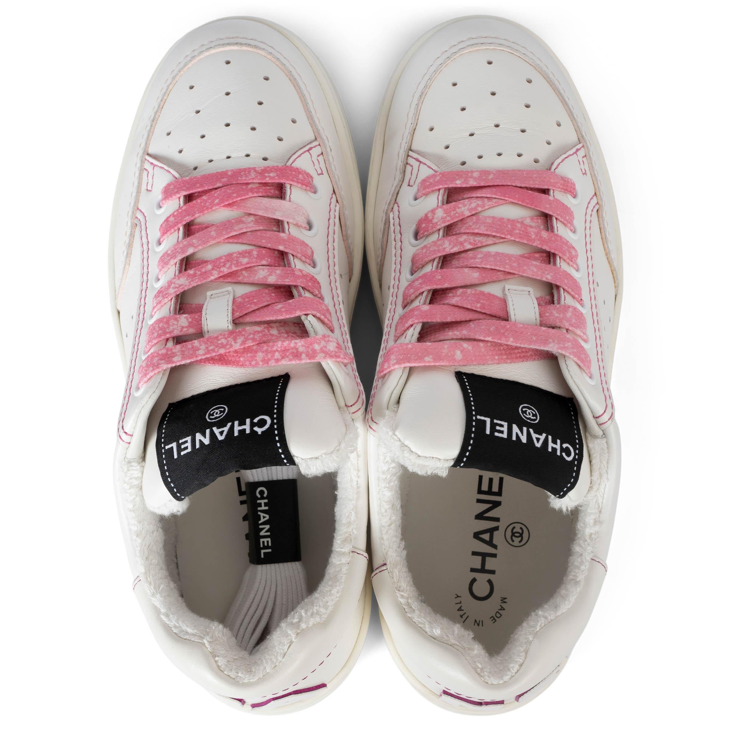 CHANEL white & pink leather 2021 21P LOW-TOP Sneakers Shoes 38.5 fit 37.5 1