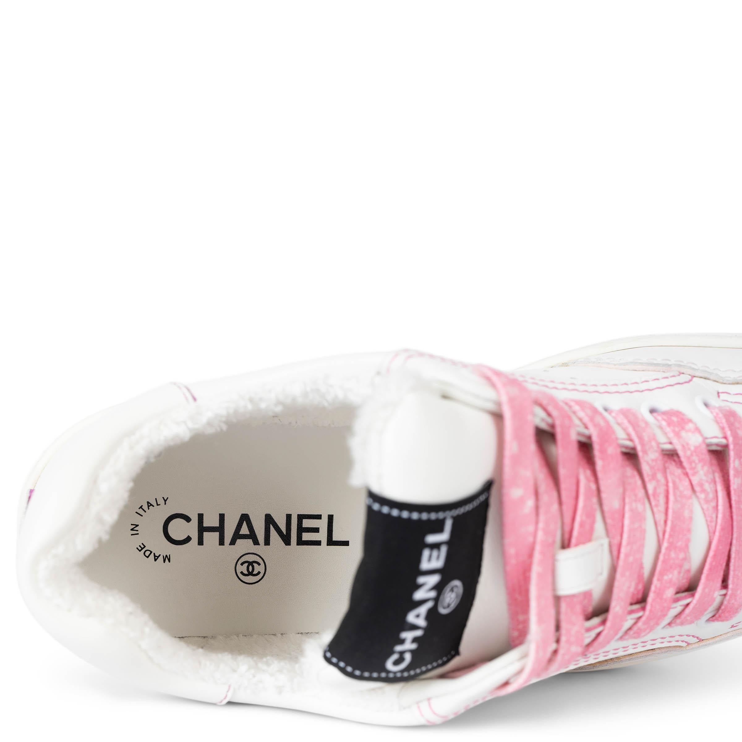 CHANEL white & pink leather 2021 21P LOW-TOP Sneakers Shoes 38.5 fit 37.5 2